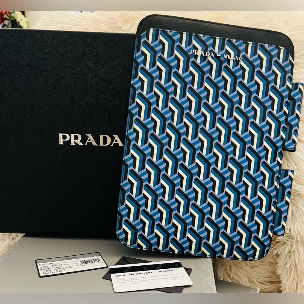 Authentic Prada Saffiano Leather geometric print iPad Tablet Case, New in box